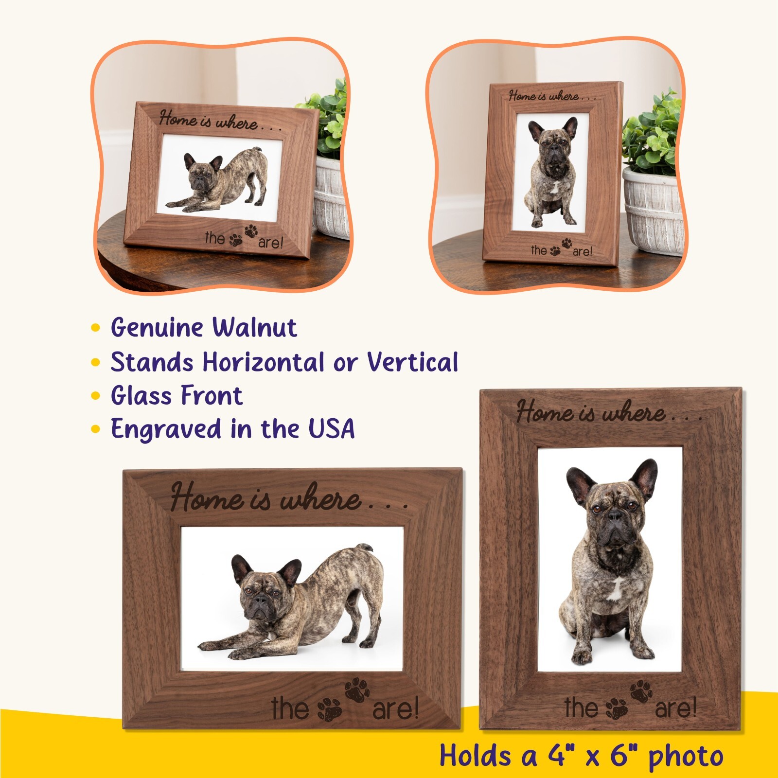 Personalized Pet Picture Frame, Genuine Walnut Pet Photo Frame 4×6, Pet Picture