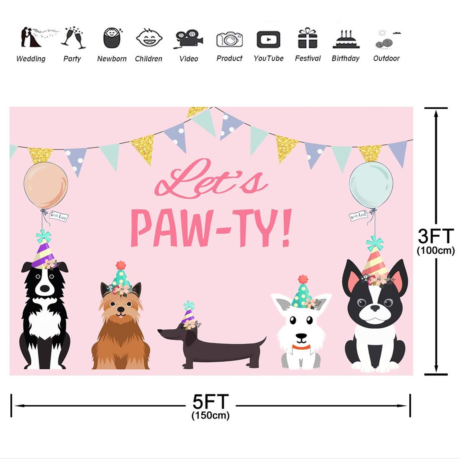 5x3ft Puppy Dog Happy Themed Backdrops Let’s Paw-ty Doggy Pet Pink Girl Photo…