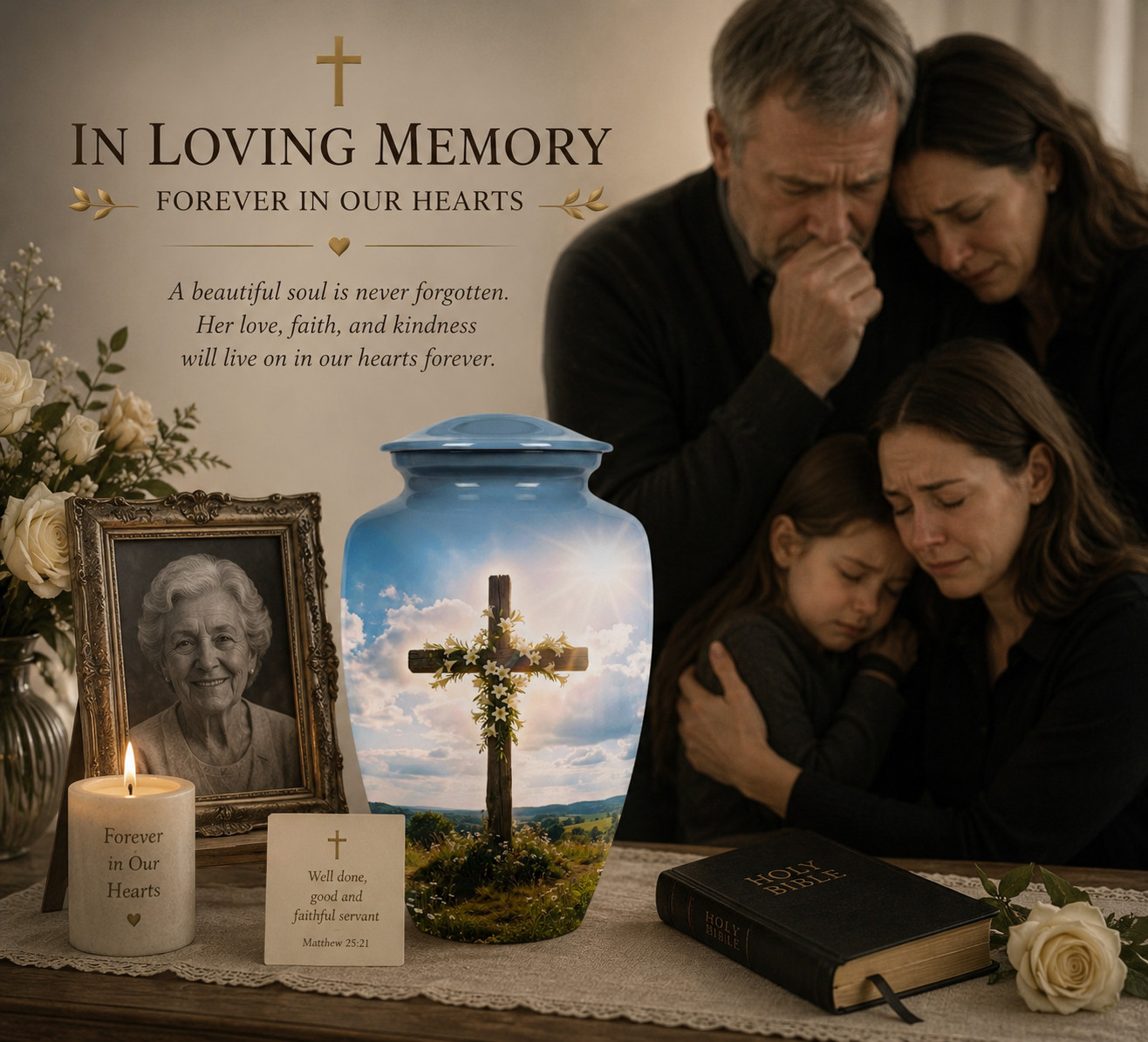 Large Blue Christian Cross Cremation Urn Human Ashes Adult for Your Love Ones
