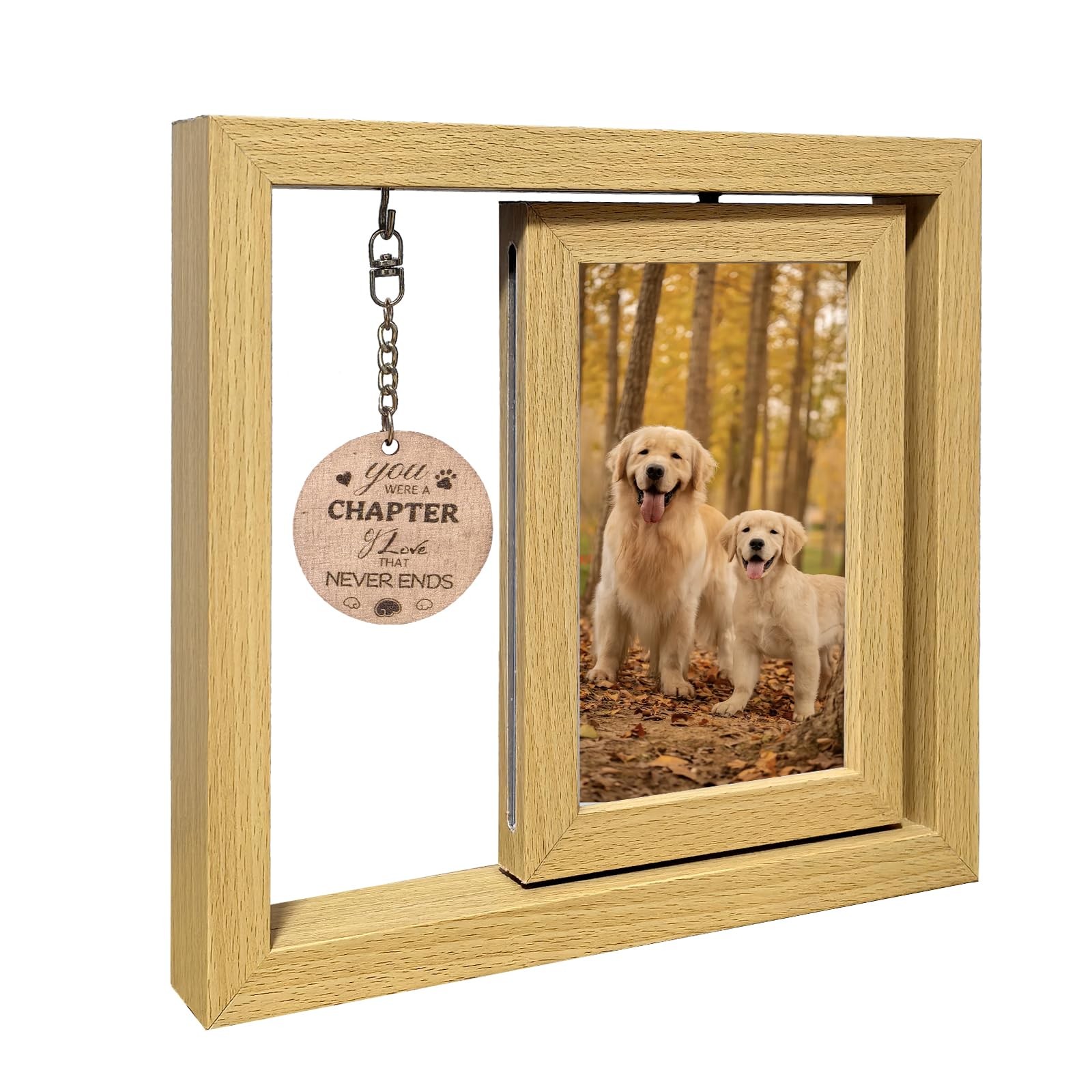 Komkoc Handcrafted Wooden Dog Memorial Picture Rotating Frame For 4X6 Photos-