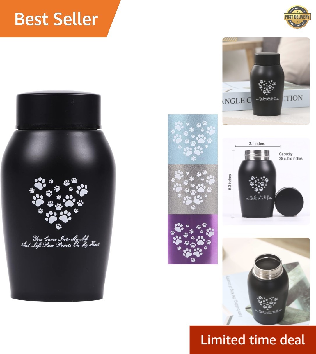 Elegant Black Stainless Steel Pet Urn for Dog & Cat Ashes – 25 Cubic Inches