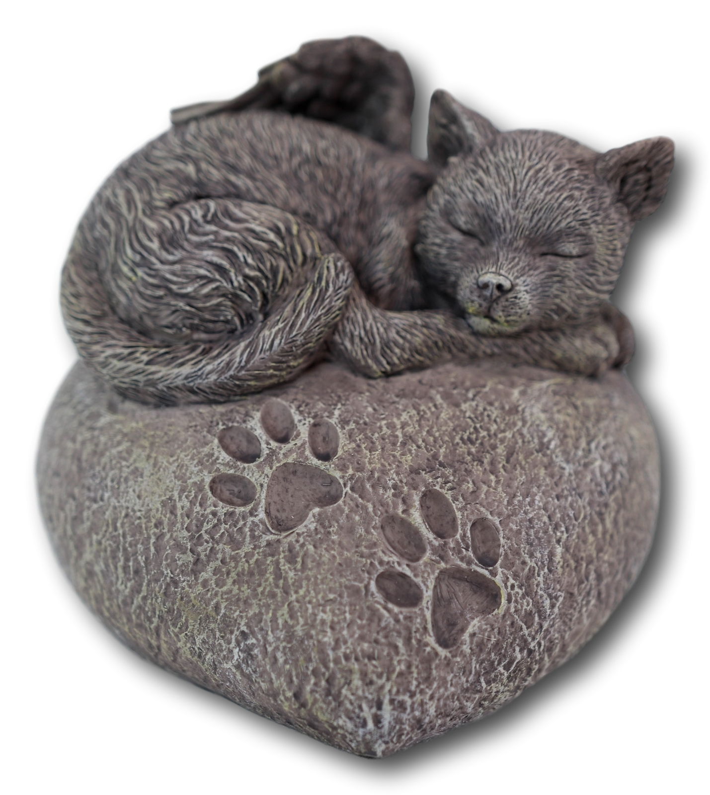 Pet Memorial Sleeping Angel Cat With Paw Prints Heart Shaped Rock Urn Statue