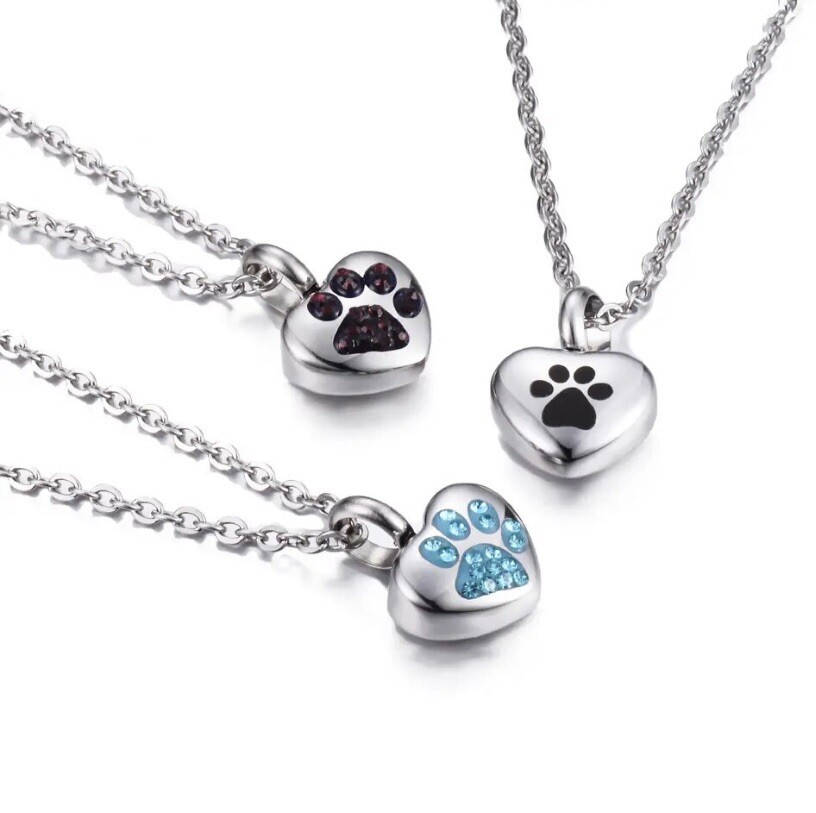 Tiny Pet Cremation Pendant Necklace Girls Ladies Crystal Paw Print Blue Purple