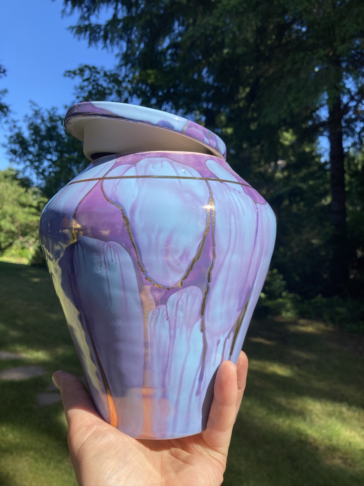 Handmade Ceramic Cremation Urn Keepsake Vessel in Periwinkle with Gold, 150 ci