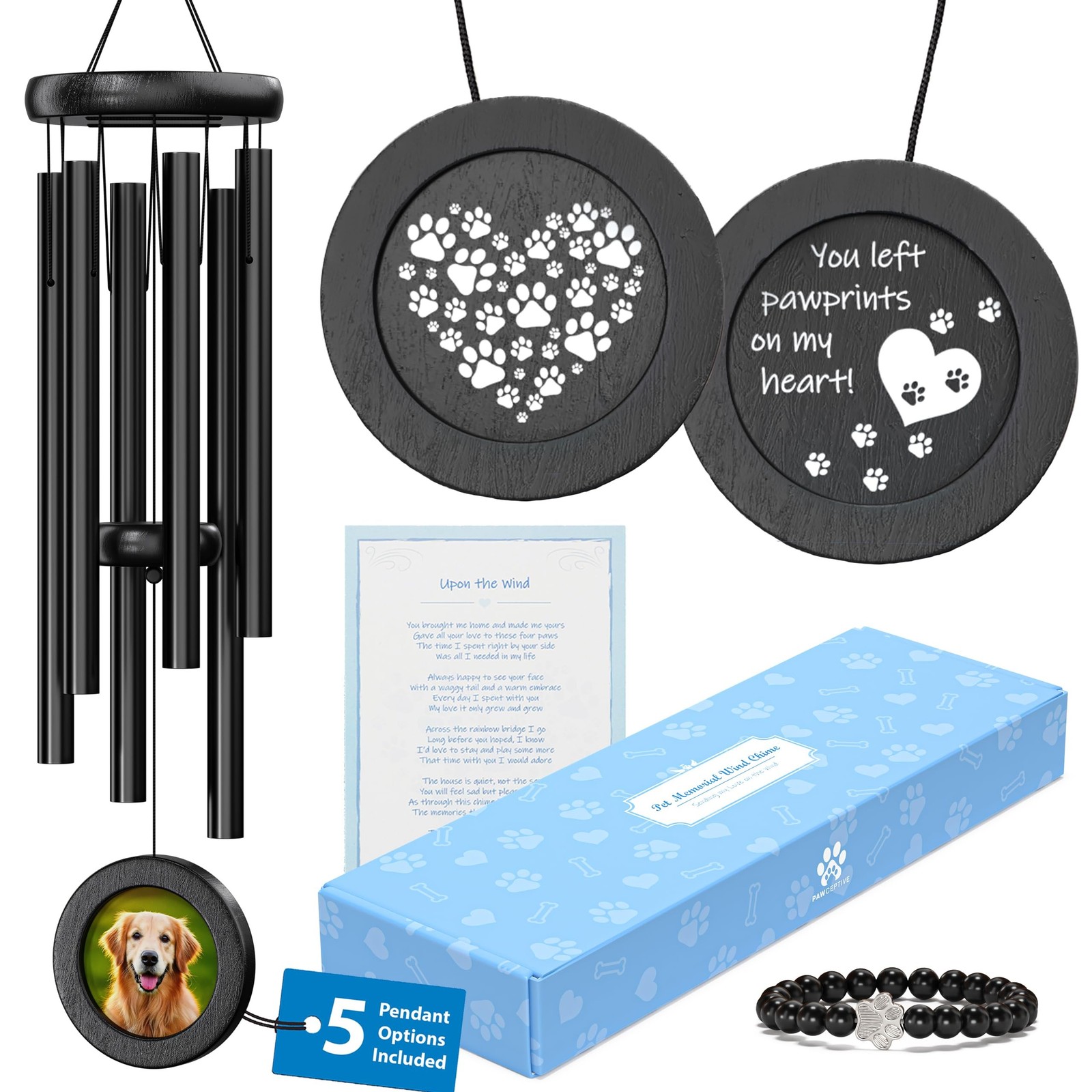 Dog Memorial Wind Chime 28″ with 5 Pendant Designs and Comforting Pet Loss eB…