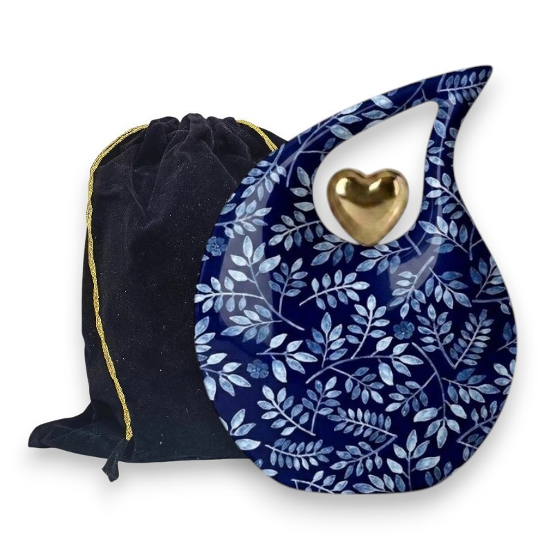 Blue Floral Aluminum Cremation Urns with Gold Heart 200 Cubic Inches Adult Ashes