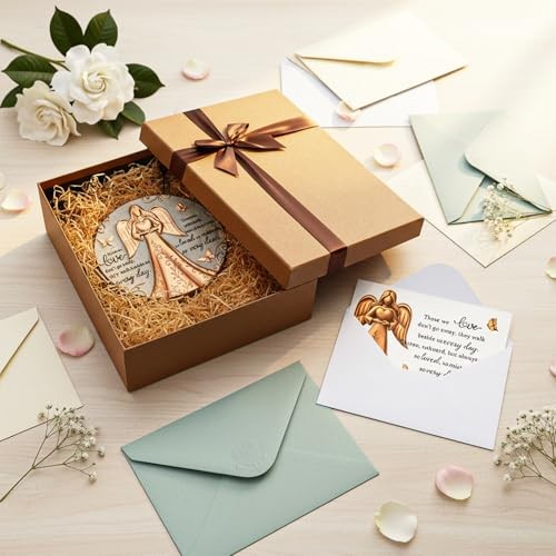 Bronze Angel Memorial Garden Stone with Plaque Stand and Sympathy Card,