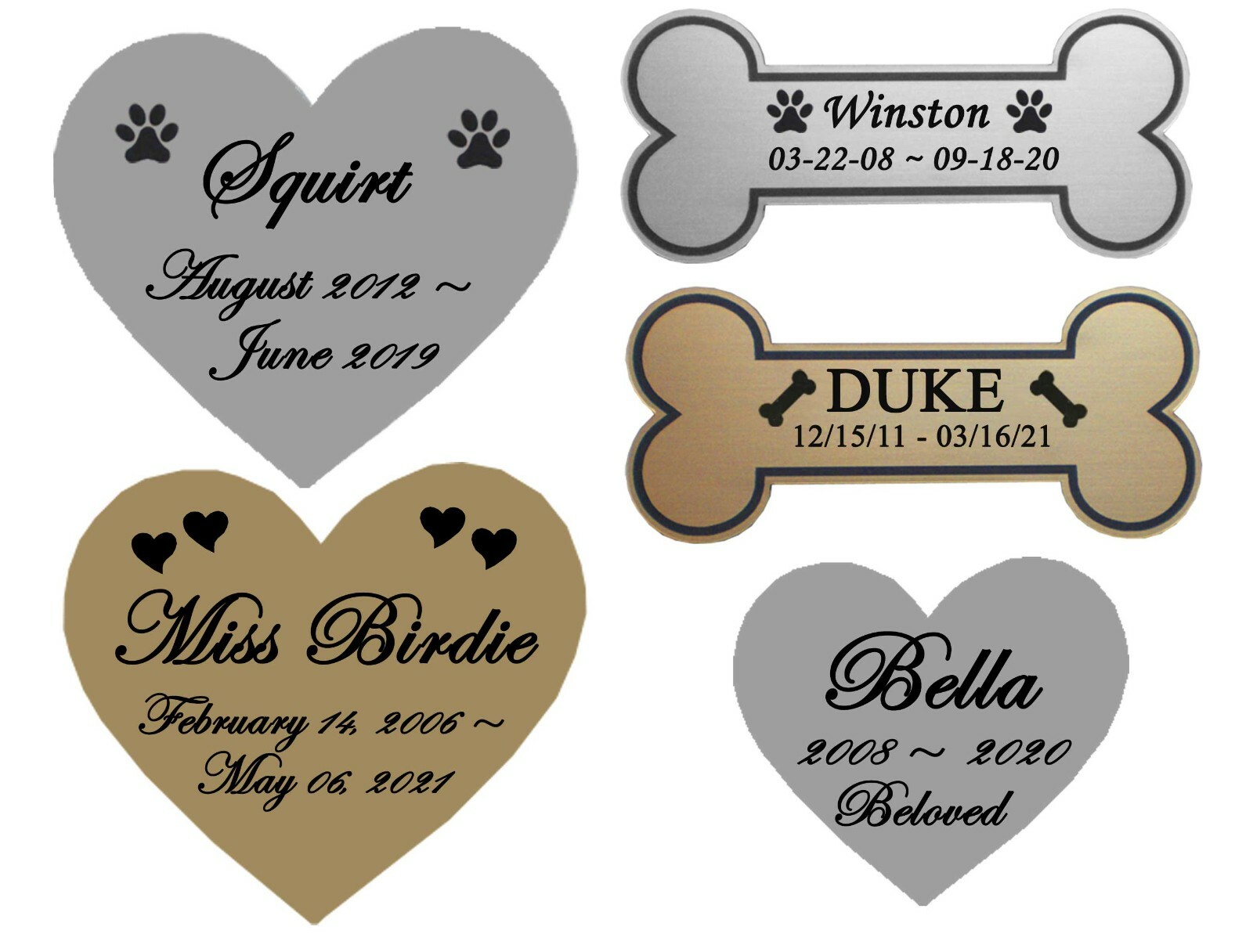 Pet Loss Memorial Engraved Heart or Bone Name Plate Dog Cat Any Pet
