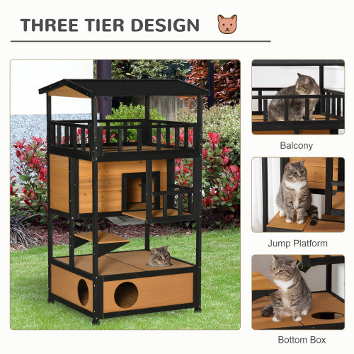 PawHut Wooden Outdoor Cat House with Jump Platforms & Escape Door