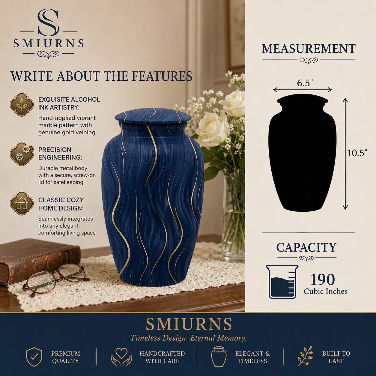 Cremation Urns for Adults Male Female Blue Gold Funeral Urns Large 190 Cu In