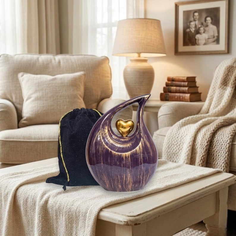 Purple & Gold Brush Teardrop Cremation Urn Human Adult Ashes for Your Love Ones