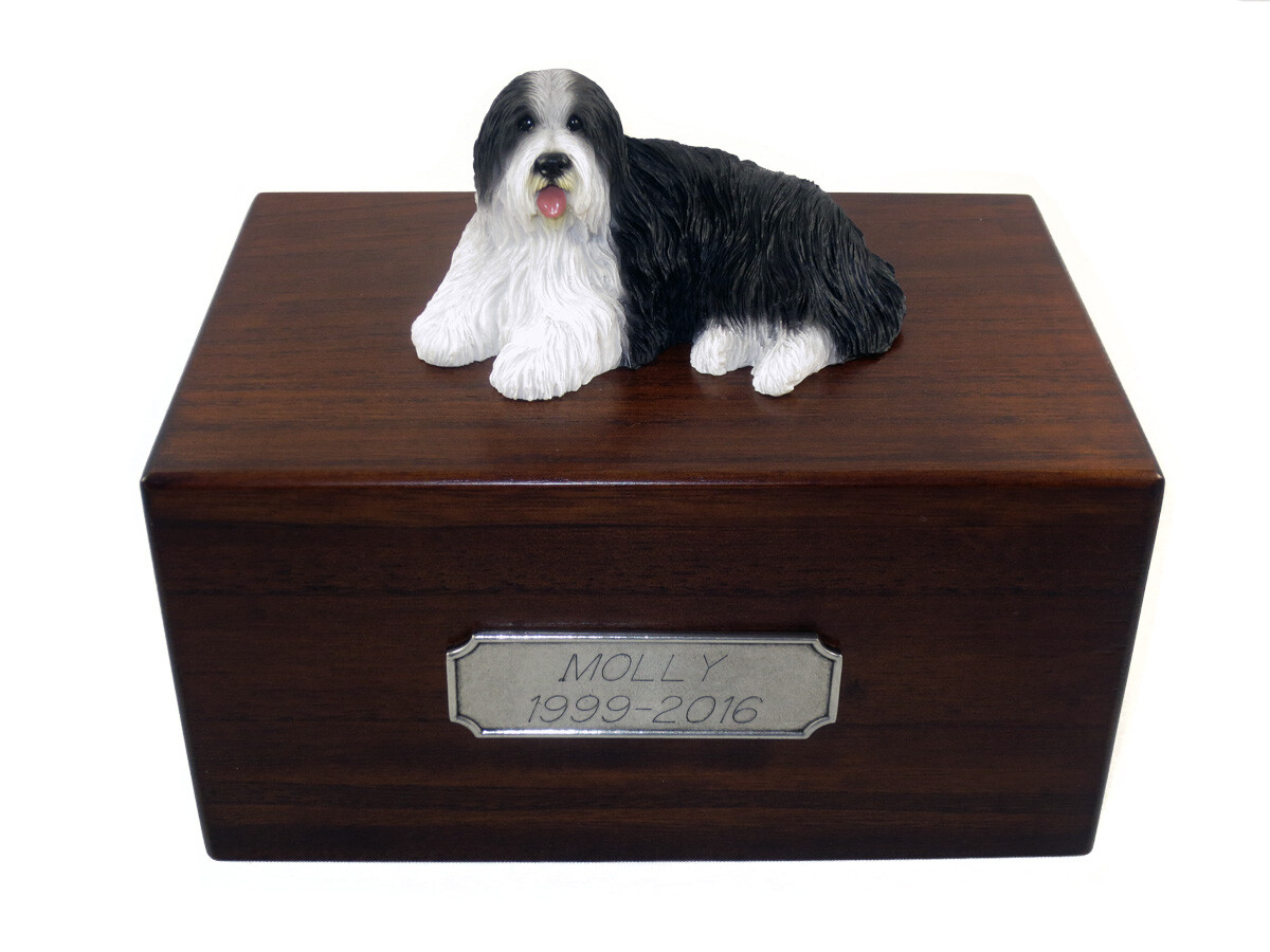 Beautiful Paulownia Wooden Personalized Urn With Bearded Collie Figurine