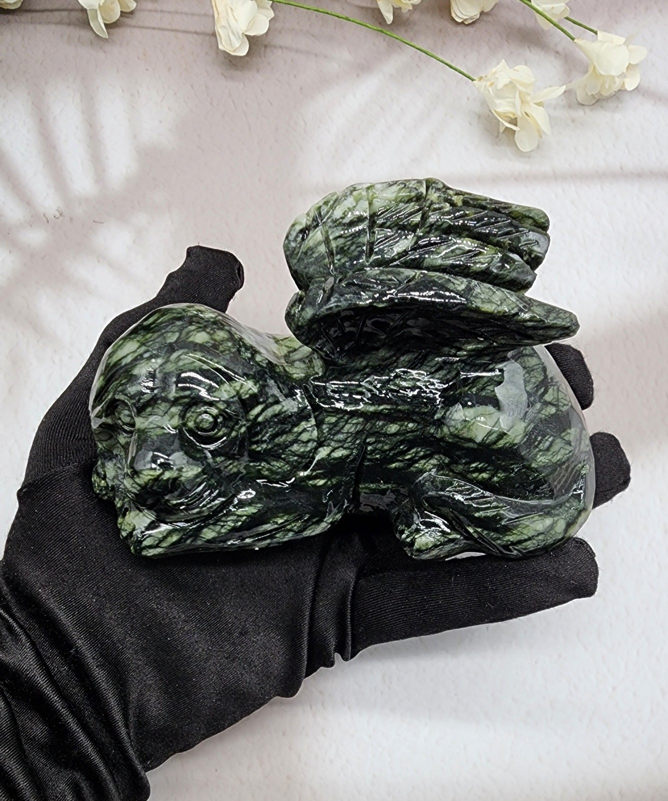 Xiuyan Jade Winged Angel Dog Pet Memorial, Pet Loss Gift, Gemstone Carving