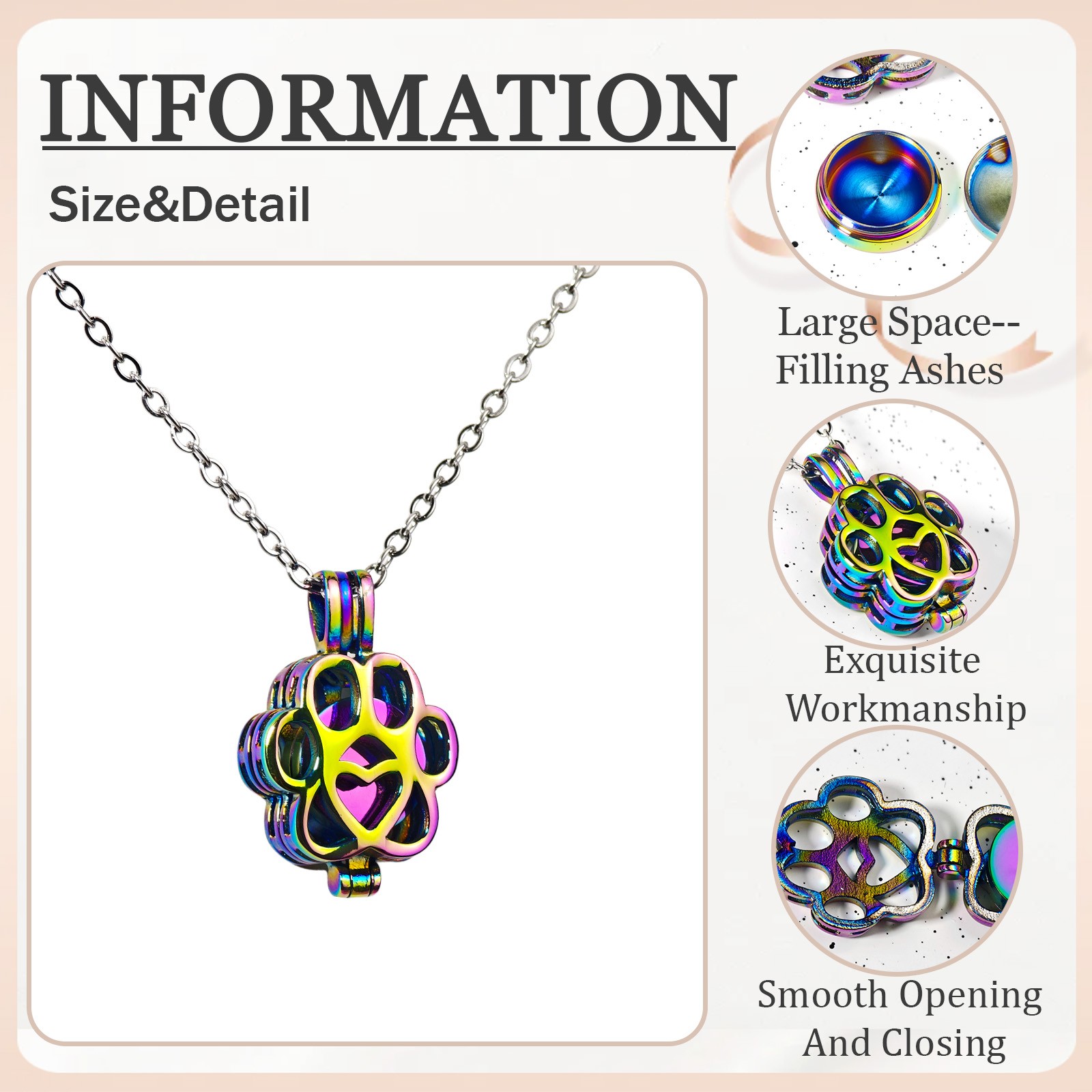 Rainbow Paw Print Heart Pet Ashes Memorial Necklace with Inner Box For Dog&Cat