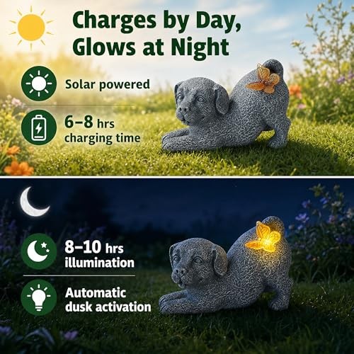 Solar Dog Statue with Butterfly Light, Outdoor Puppy Resin Garden Figurine for