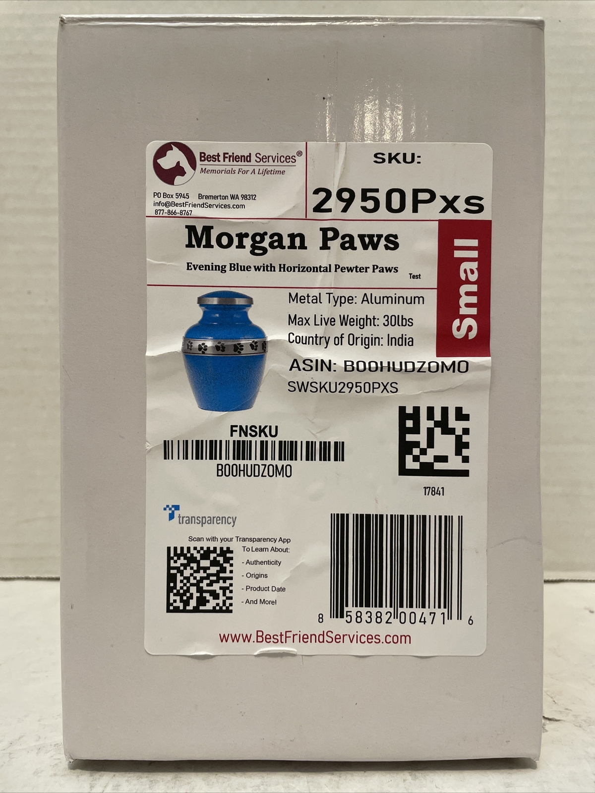 New/Open Box*Best Friend Services*Morgan Paws Aluminum Pet Cremation Urn*Small