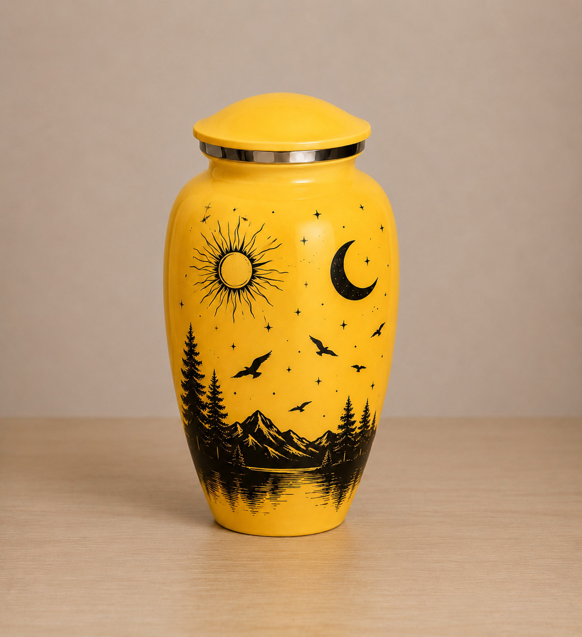 Yellow Aluminum Cremation Urn for Human Ashes – Sun Moon Mountain Landscape