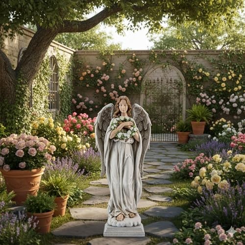 Garden Angel with Flower Wreath Statue – 16″ Outdoor Memorial Angel Decor