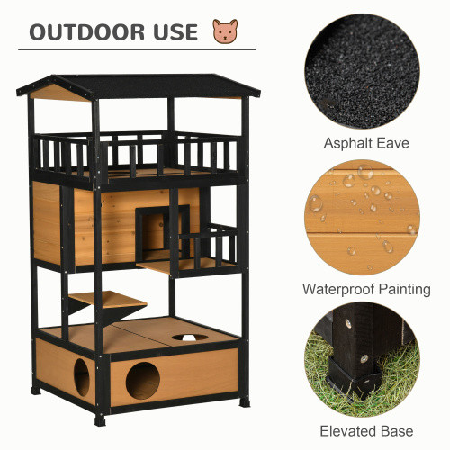 PawHut Wooden Outdoor Cat House with Jump Platforms & Escape Door