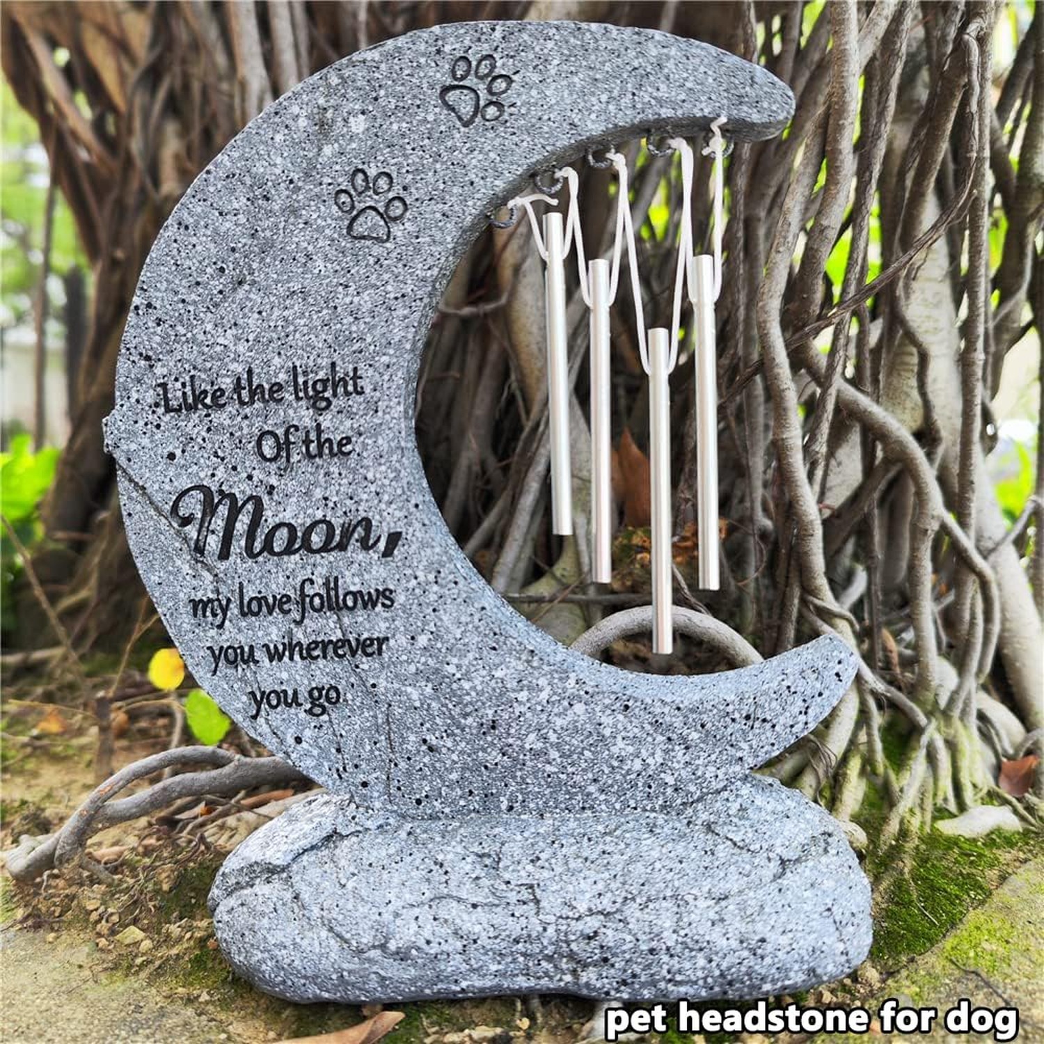 jinhuoba Moon Shaped Pet Memorial Stones for Dogs with Wind Chimes, Paw Print…