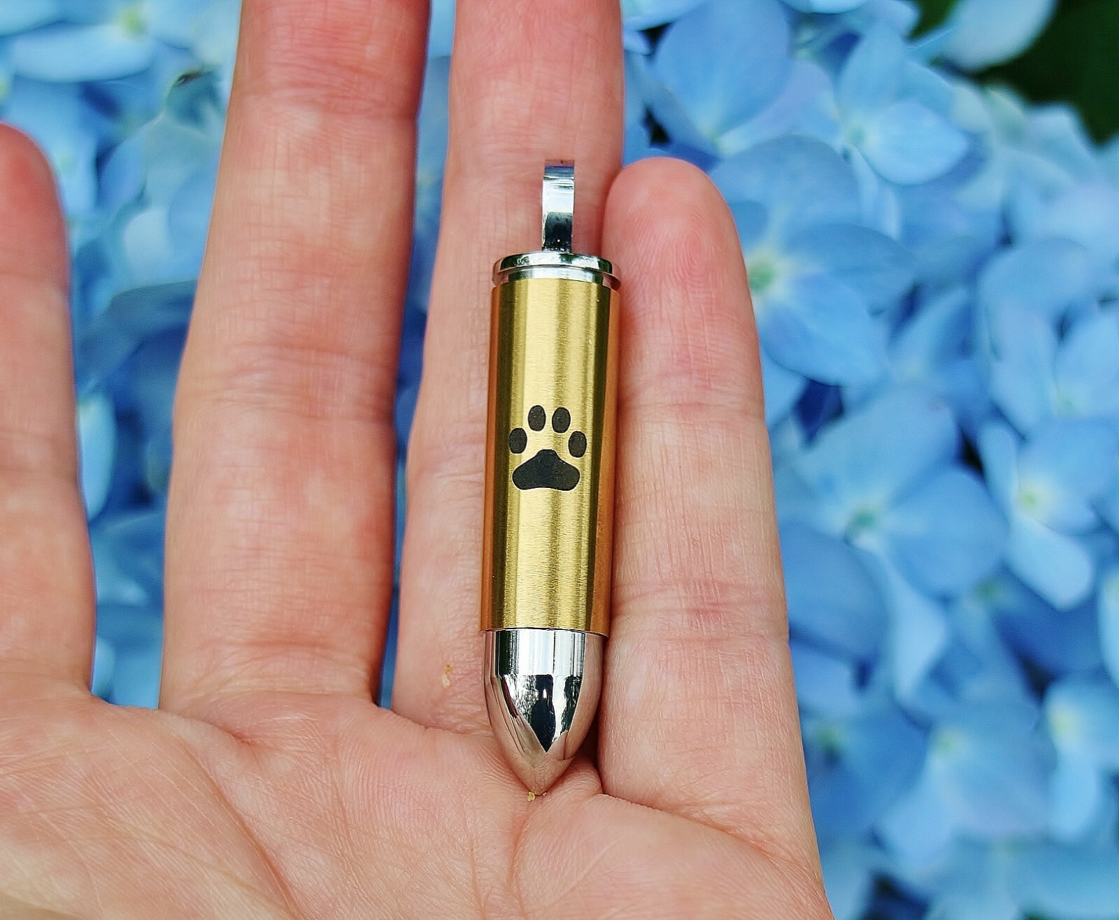 Mens Bullet Cremation Necklace Pendant Urn 4 Ashes LARGE VIAL Pet Paw Print Dog
