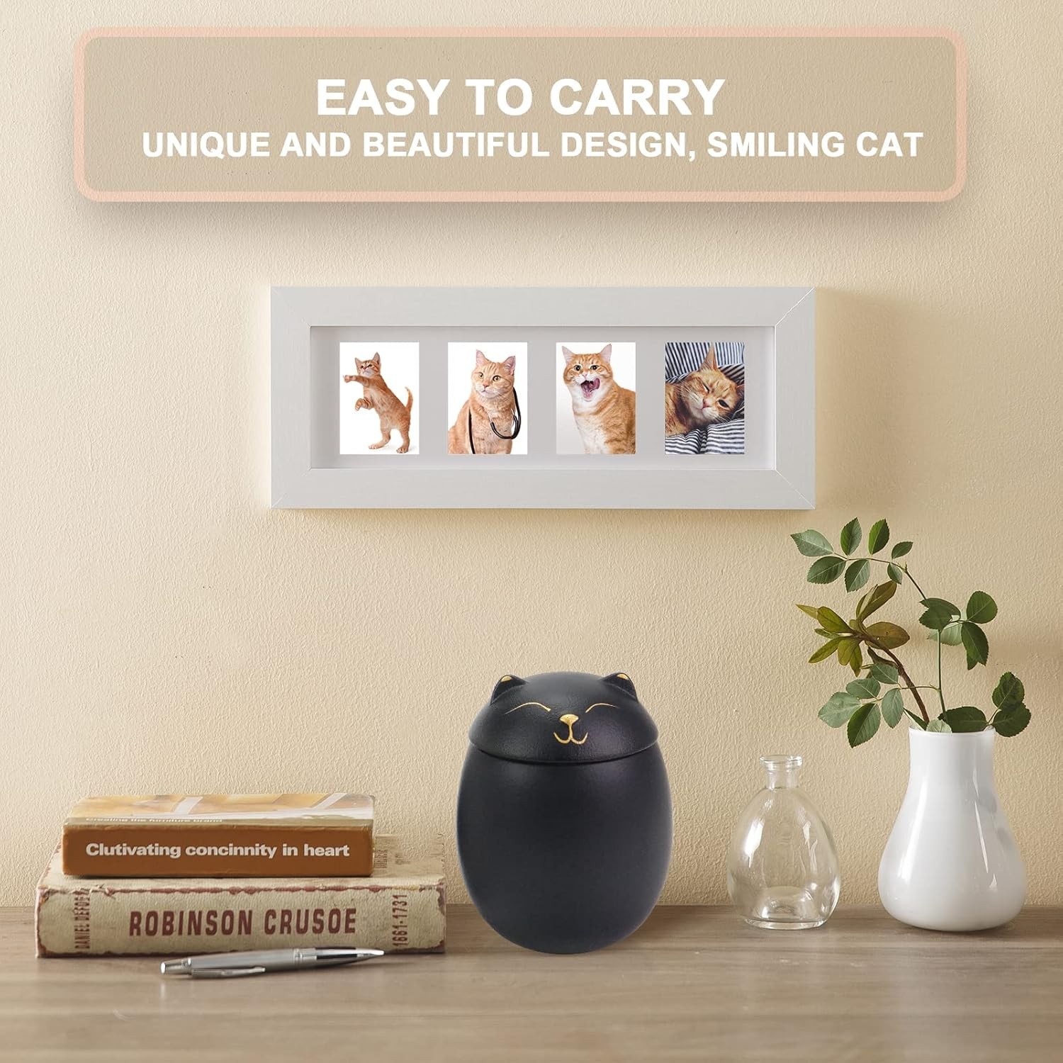 Cat Urn Dog Sized 3.2×2.9 and 4.9×4.25. A Smiley-Cat Pet 33 cu/in, Black
