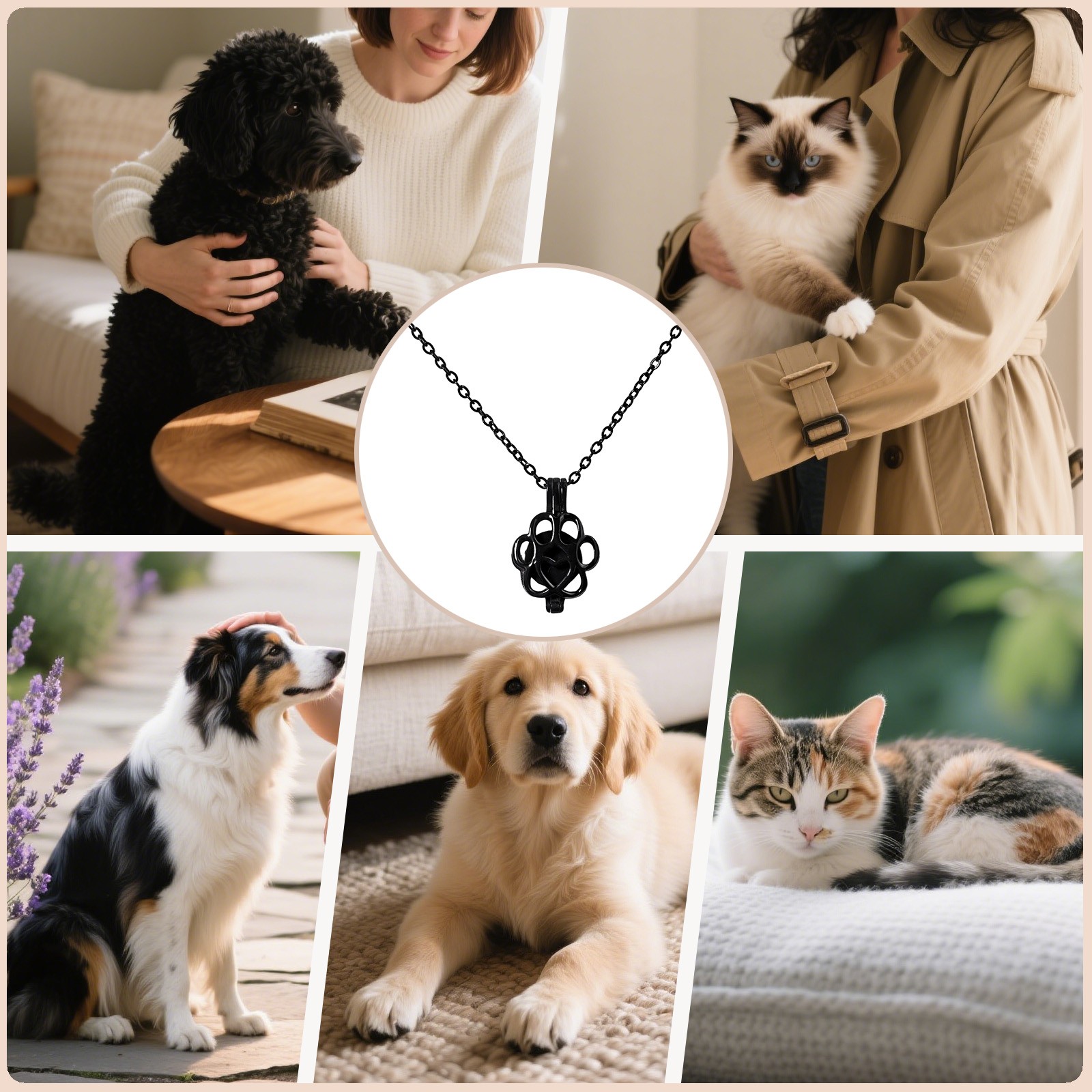 Black Paw Print Heart Pet Ashes Memorial Necklace with Inner Box For Dog&Cat