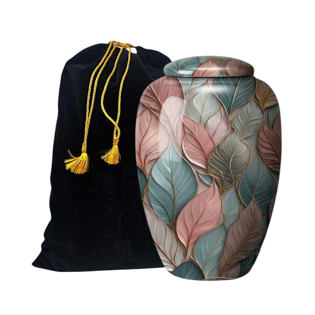 Pastel Leaf Cremation Urn for Human Ashes – Adult Large 190 Cu/In Memorial + Bag