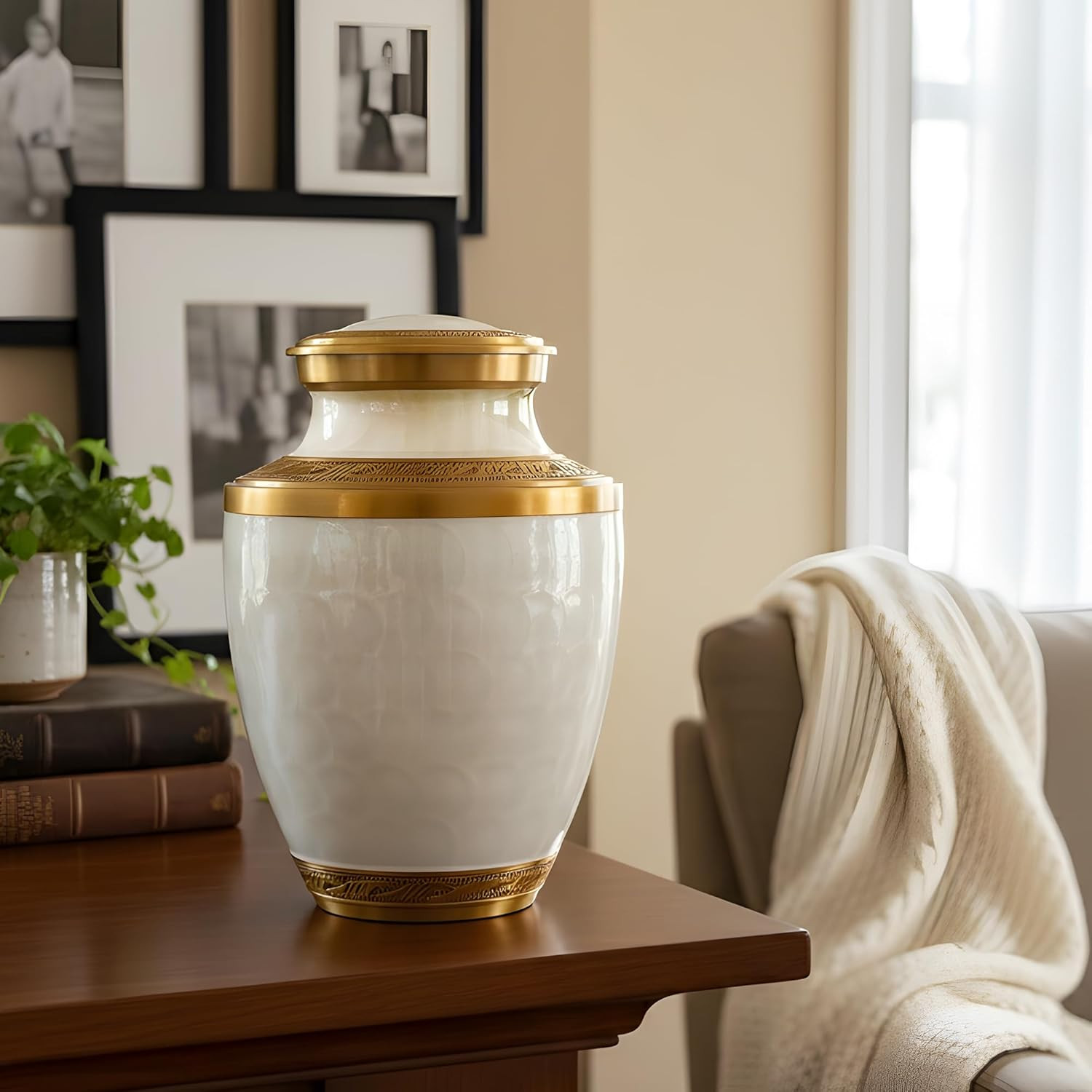 Family Tribute Eco-Friendly White & Gold Cremation Urn for Ashes Set – Large Adu