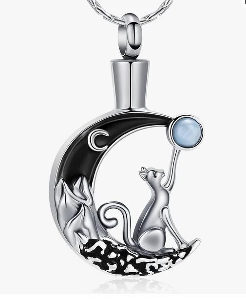 Cat Moon Stone Cremation Necklace Holds Ashes Urn Pendant Jewelry Gift Kitty Lov