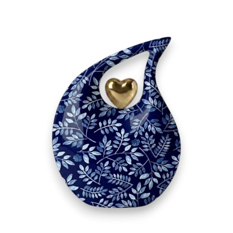 Blue Floral Aluminum Cremation Urns with Gold Heart 200 Cubic Inches Adult Ashes