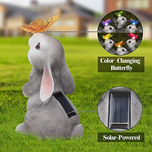 Garden Statue Outdoor Decor-with Solar Butterfly Changing Lights Garden Rabbit