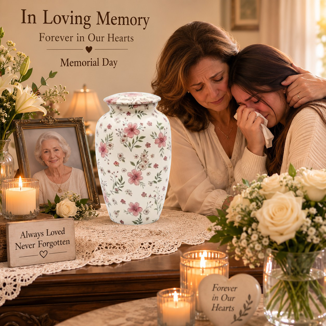 Large Adult Cremation Urn Ashes Pink Floral Design 190 Cu In Funeral Urns 10.5″