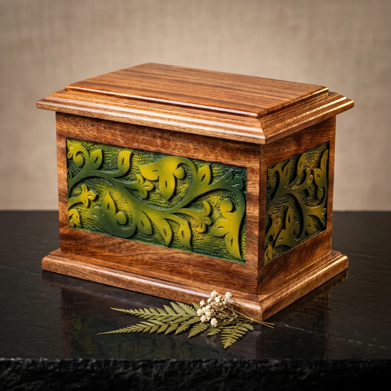 Emerald Vine Heritage Wooden Cremation Urn – Nature-Inspired Adult Memorial