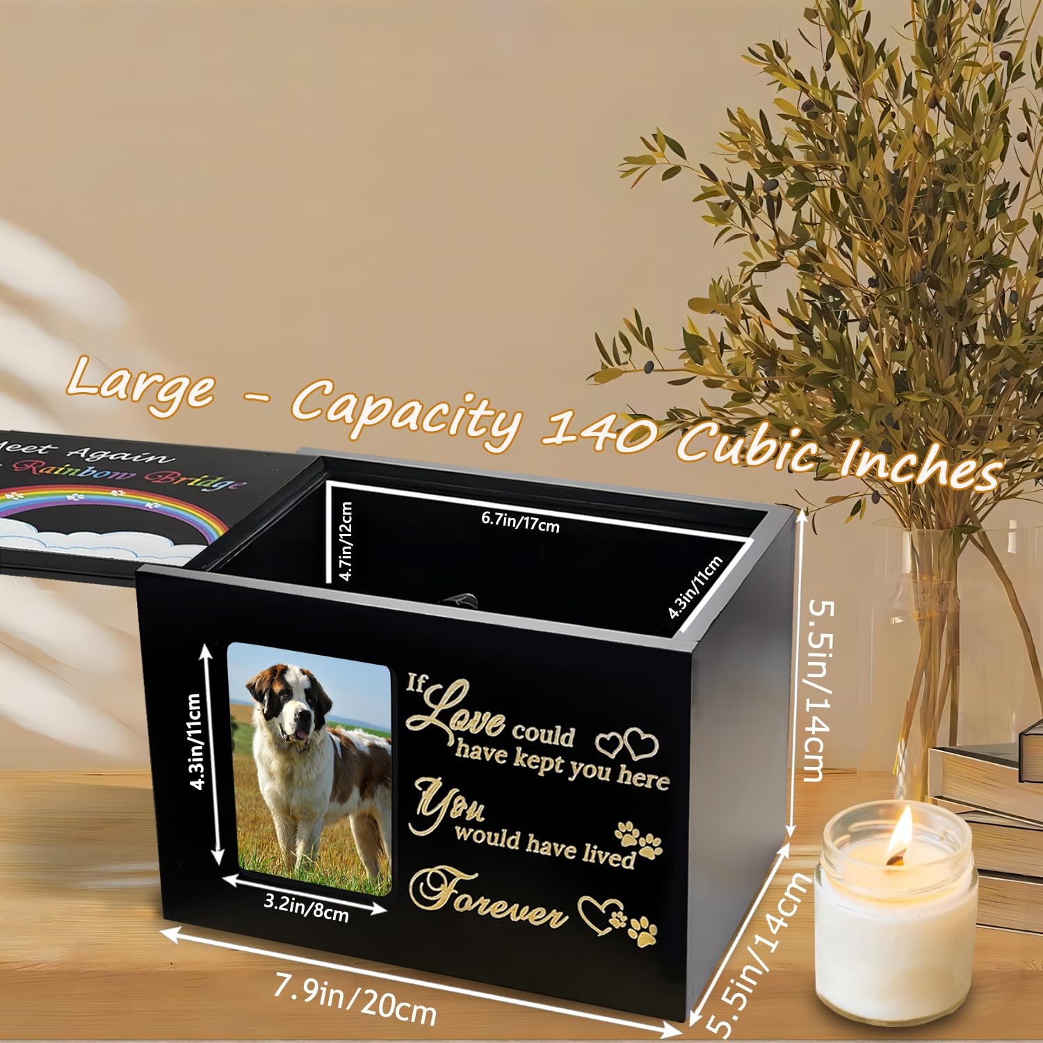 Solid Wood Large Dog Urn for Ashes,Pet Memorial Rainbow Bridge Urn