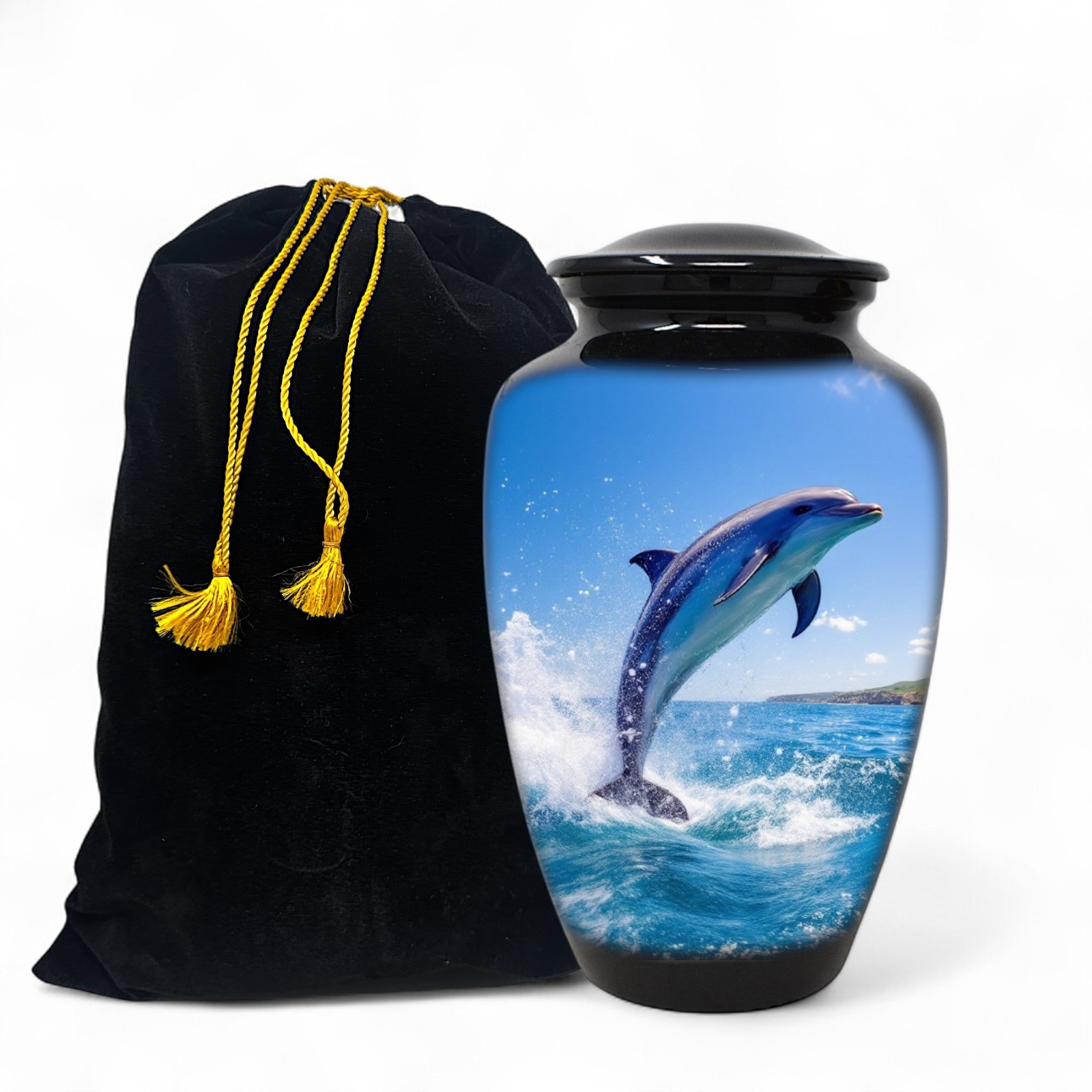 Large Adult Urn for Human Ashes Blue Dolphin Cremation Urn with Velvet Bag