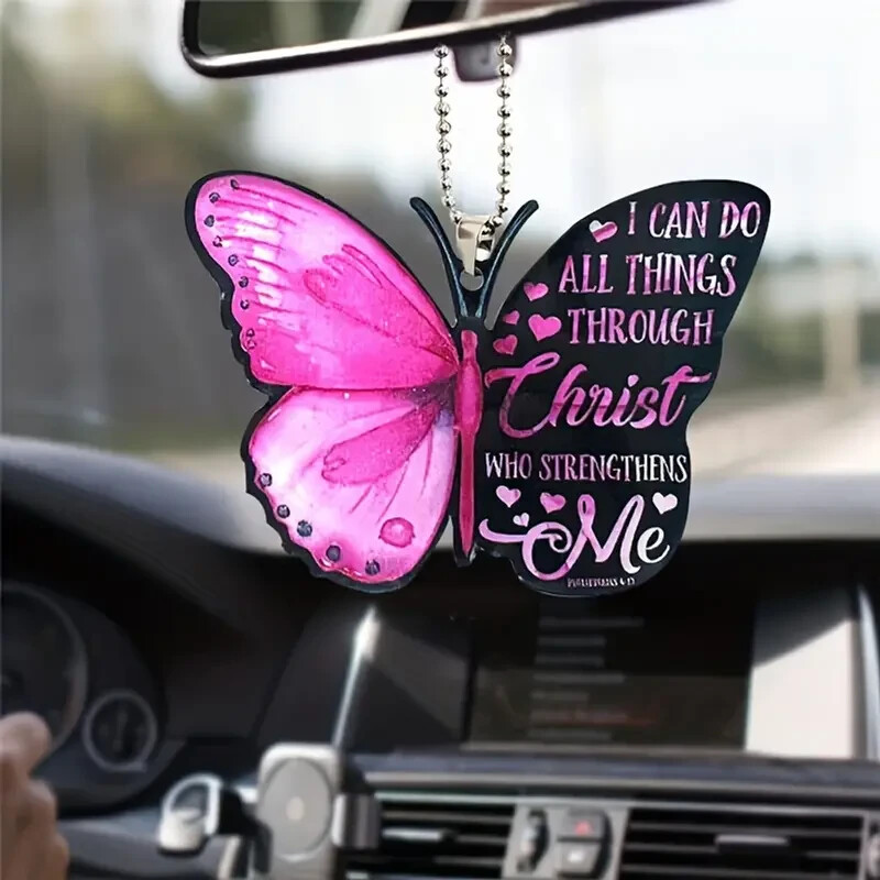 I Can Do All Things Through Christ Pink Butterfly Acrylic Hanging Ornament