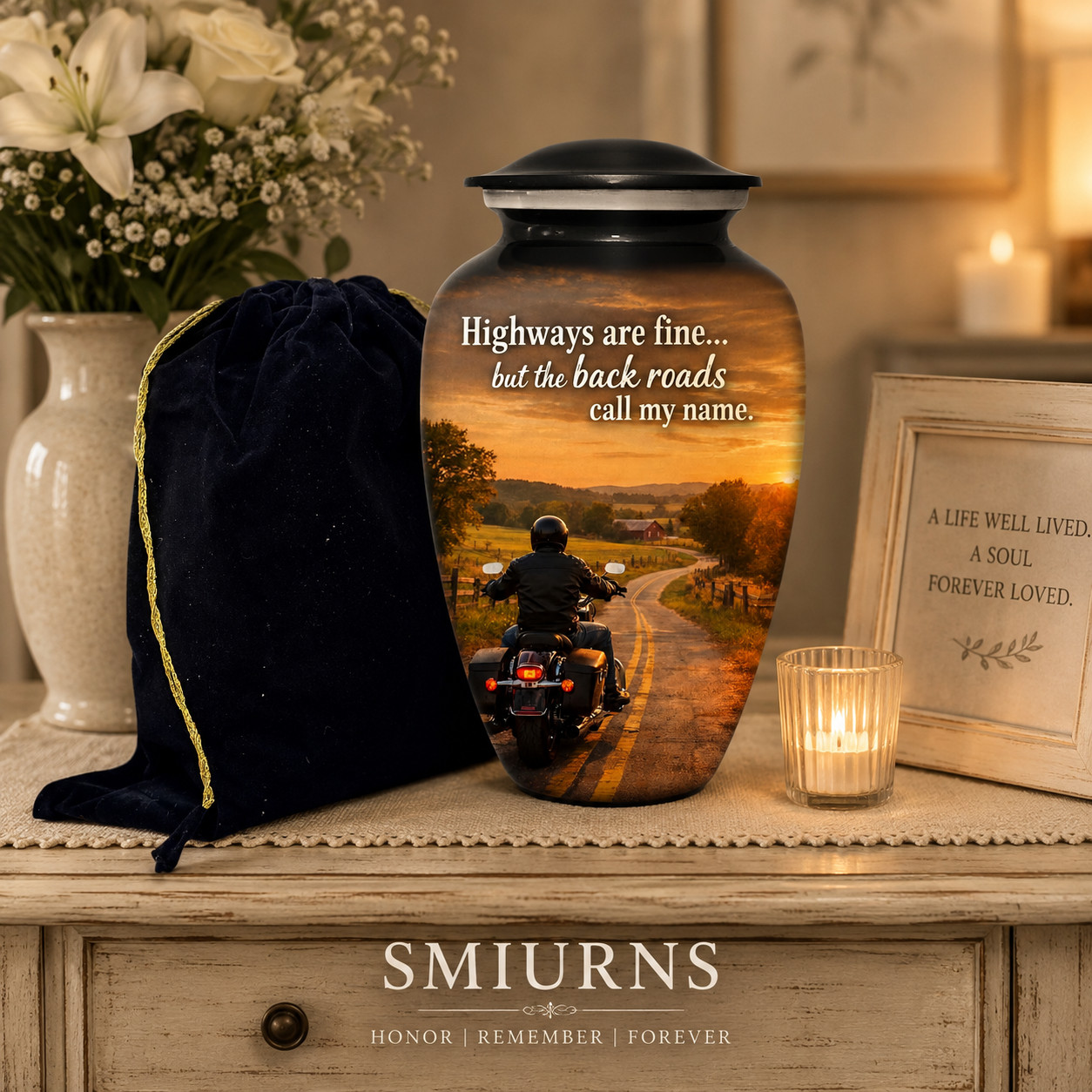 Motorcycle Cremation Urn for Human Ashes Adult Male Back Roads Rider 190 Cu In