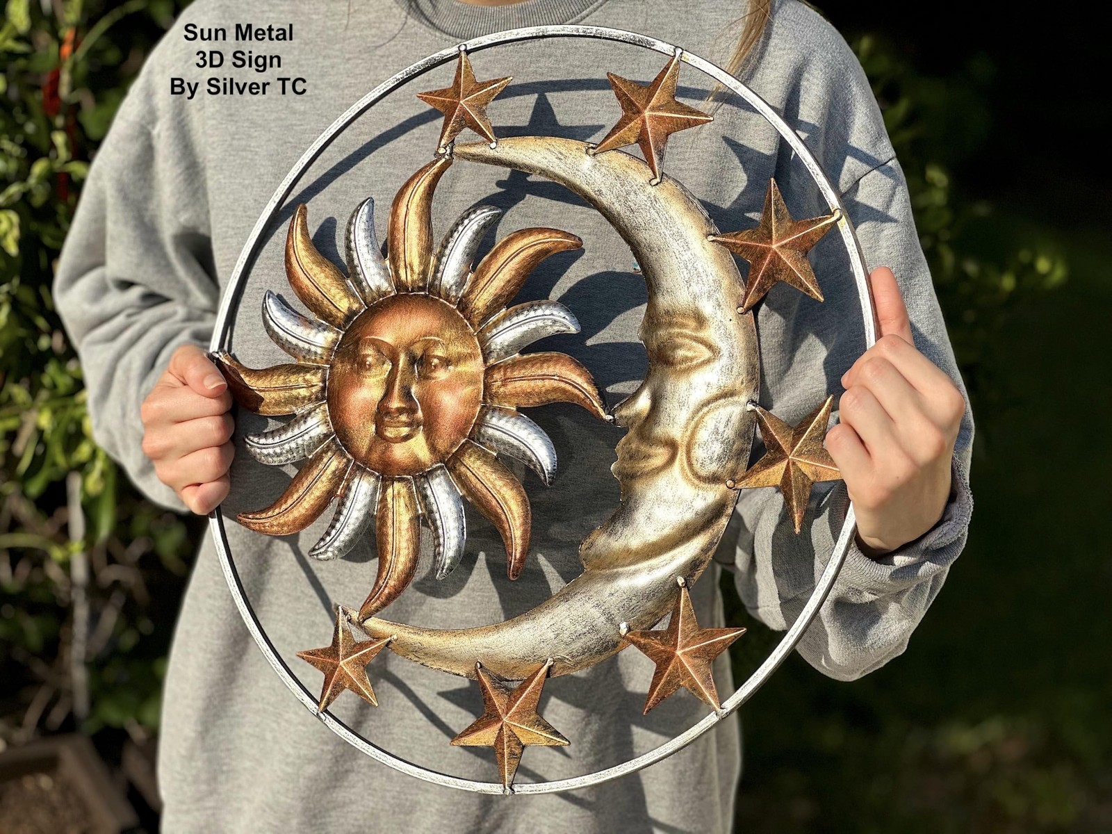 Large Metal Sun Moon Star Wall Art Sculpture Decor for Indoor Outdoor (17″ Di…