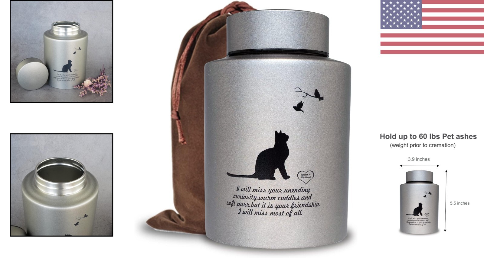 Premium Pet Cremation Urns – Cats Ashes – Up to 60 lbs – Elegant Gray