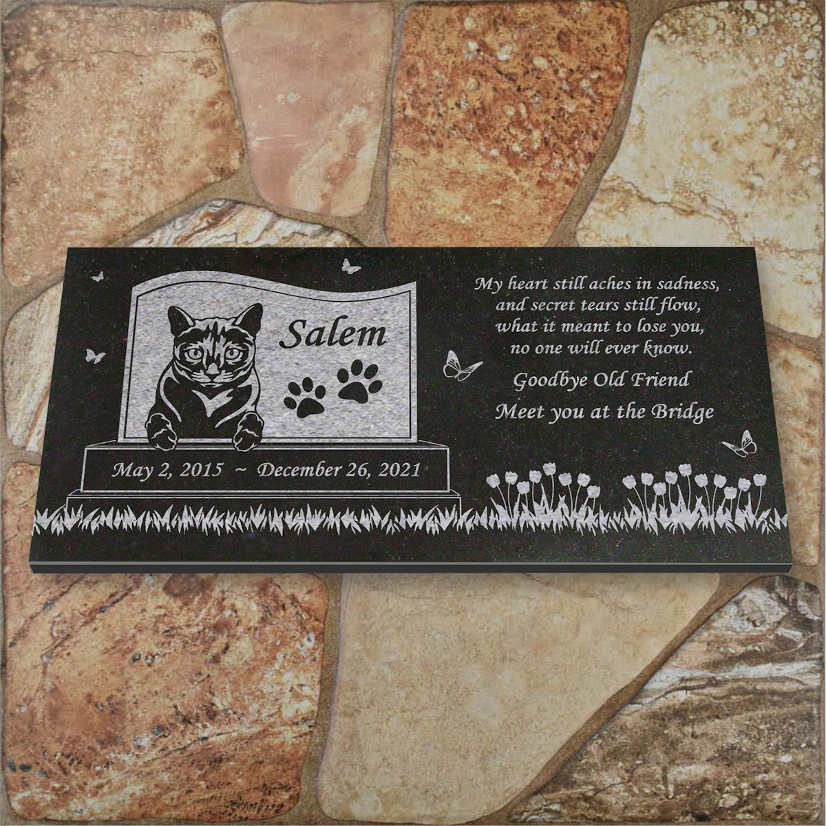 Personalized Cat Memorial – Granite Stone Pet Grave Marker – 6×12 – Salem