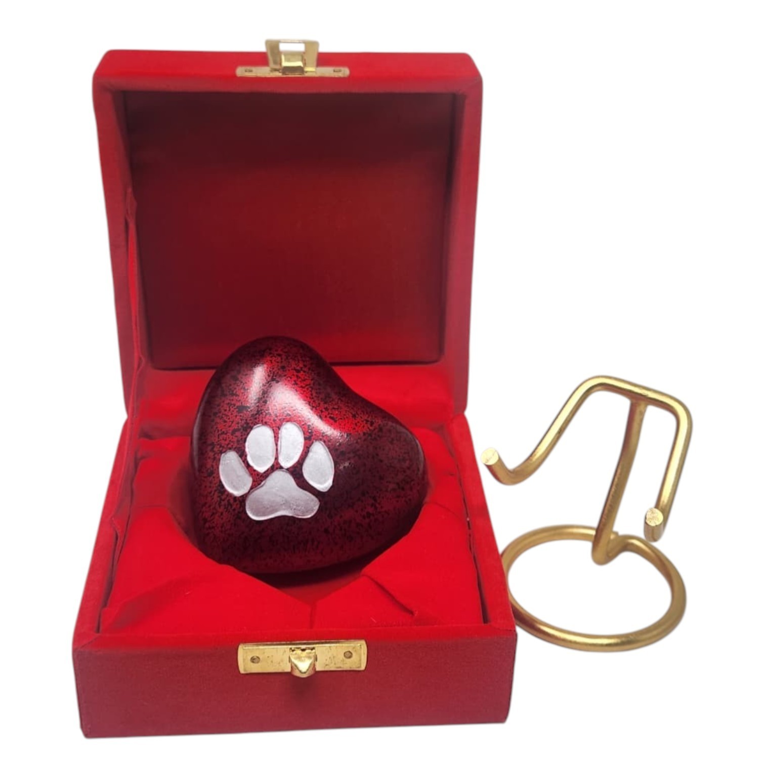 Red Heart Pet Cremation Urn for Dog or Cat Ashes with Paw Print Stand & Box