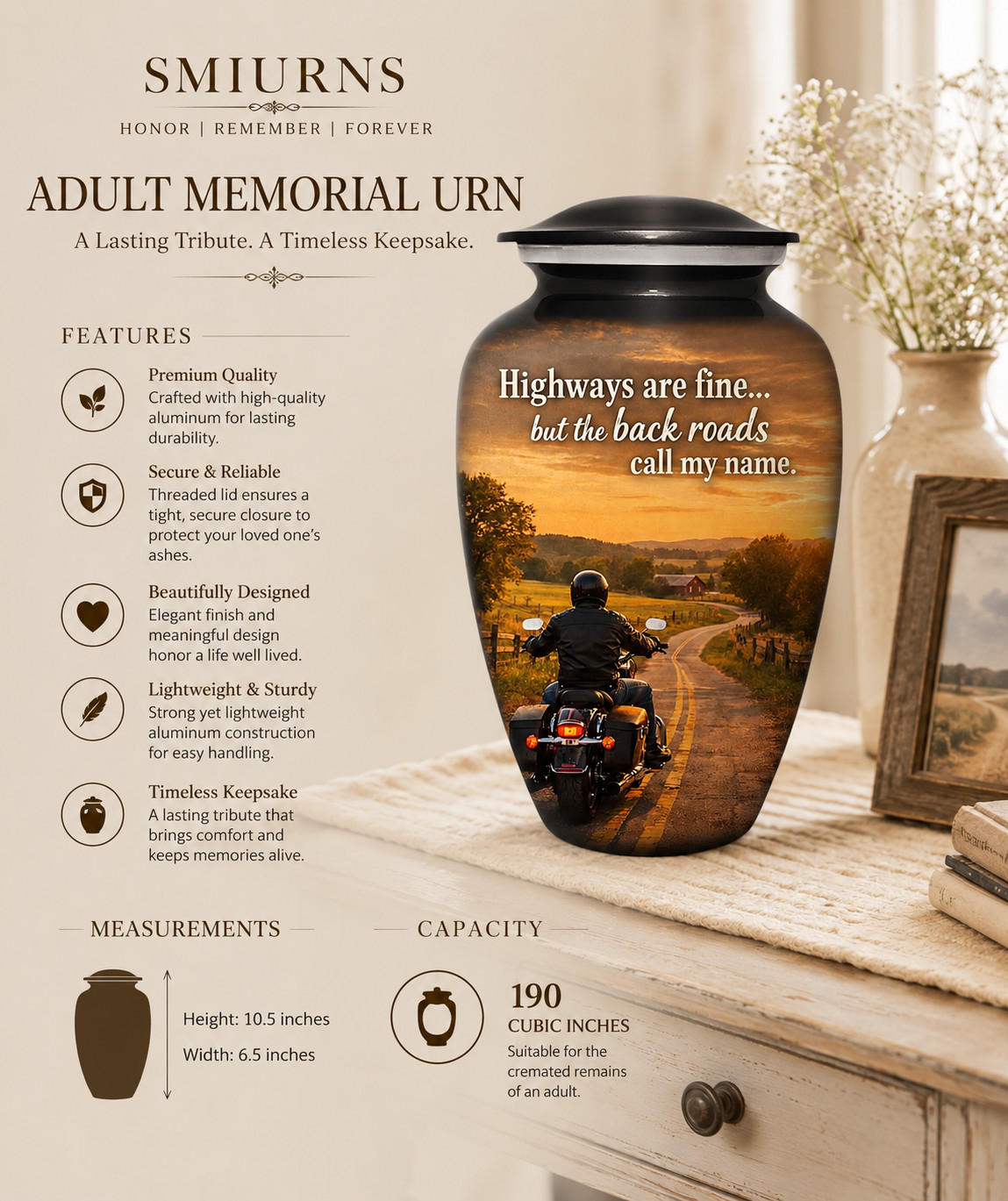 Motorcycle Cremation Urn for Human Ashes Adult Male Back Roads Rider 190 Cu In