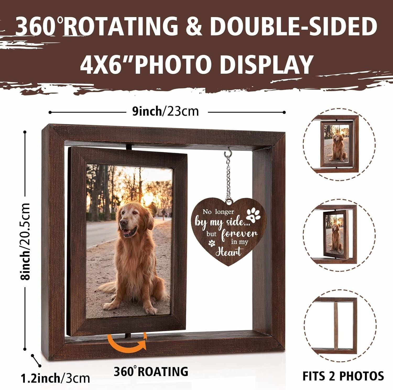 Pet Memorial Gifts for Dogs Cats – Rotating Wooden Picture Frame for 4×6 Photo