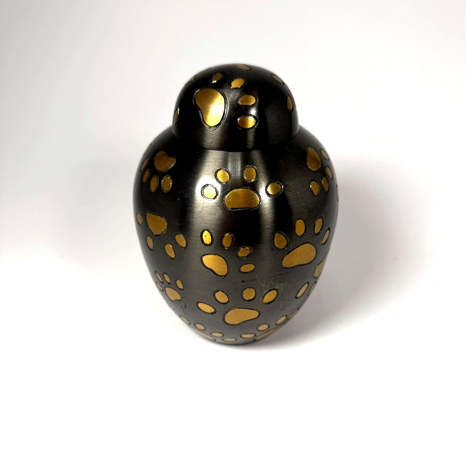 Pet Urn Metal 5 1/2″ tall Paw Prints Gray and Gold Cremation Ashes NWOT