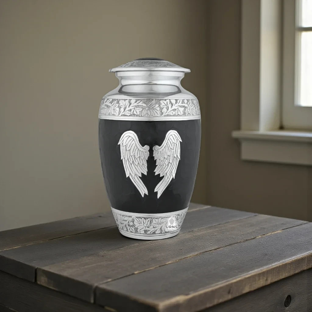 Midnight Wings Angel Urn – Ornate Black and Silver Cremation Urn for Adult Human