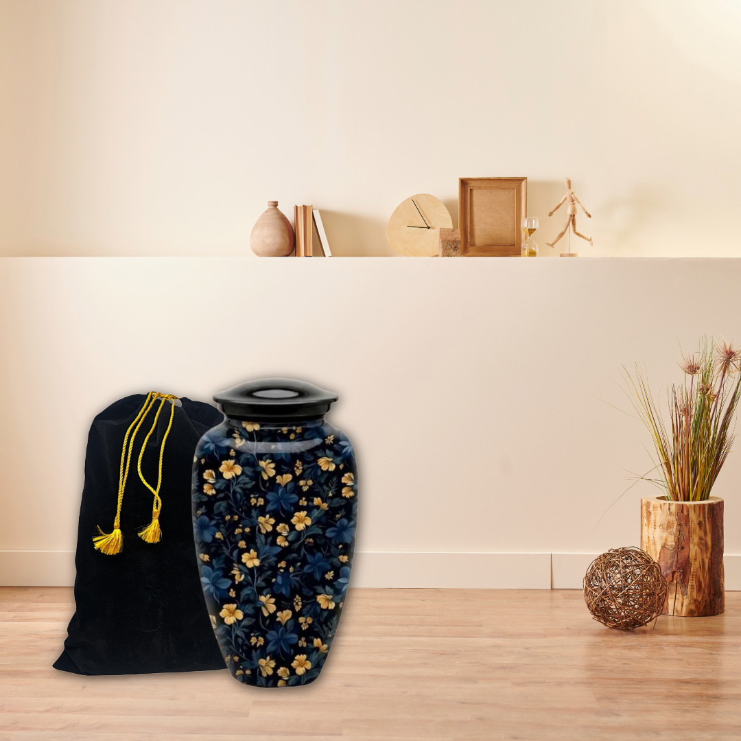 Blue Floral Cremation Urn for Ashes 190 Cu In Adult Memorial Urn w/Bag 10″x6.5″