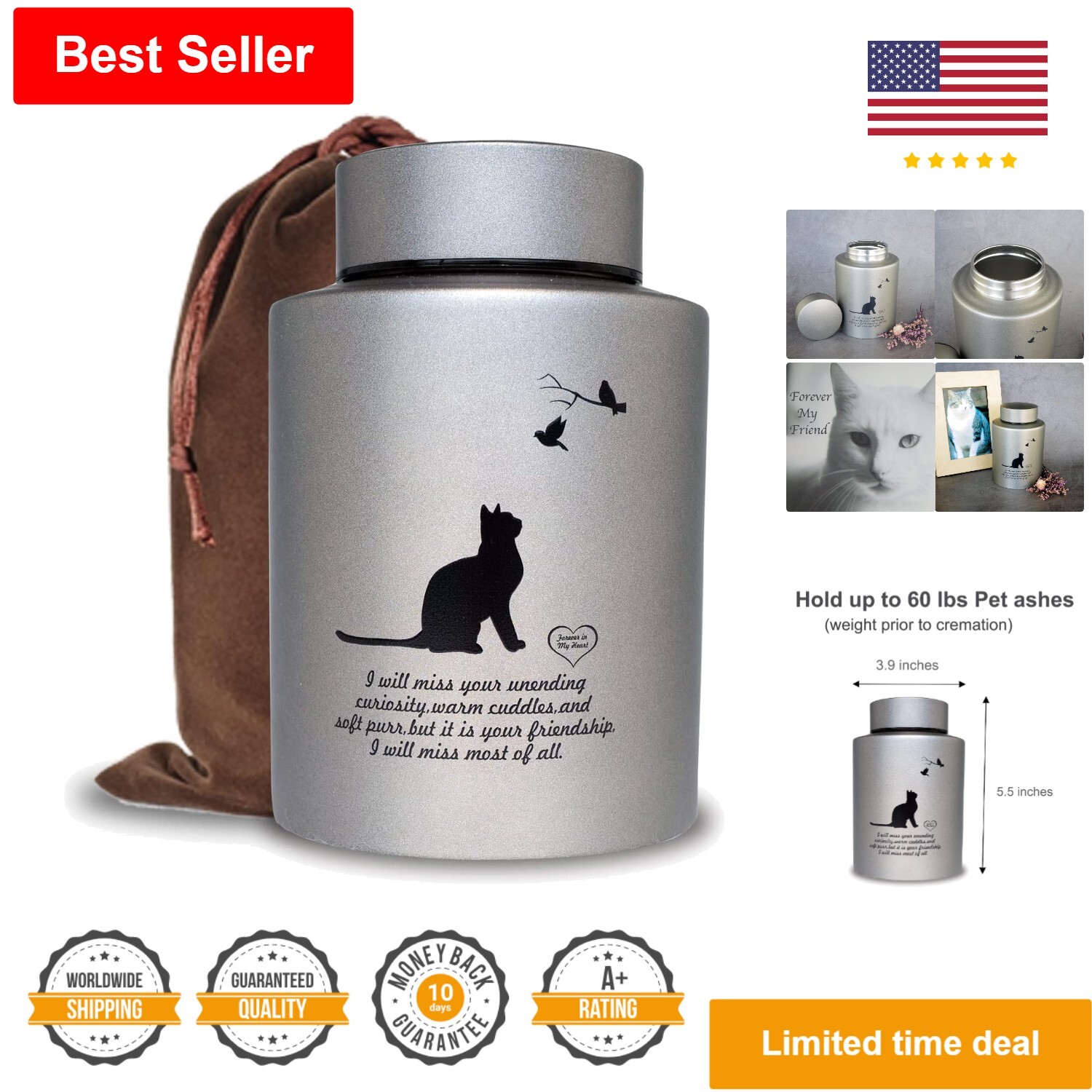Premium Pet Cremation Urns – Cats Ashes – Up to 60 lbs – Elegant Gray