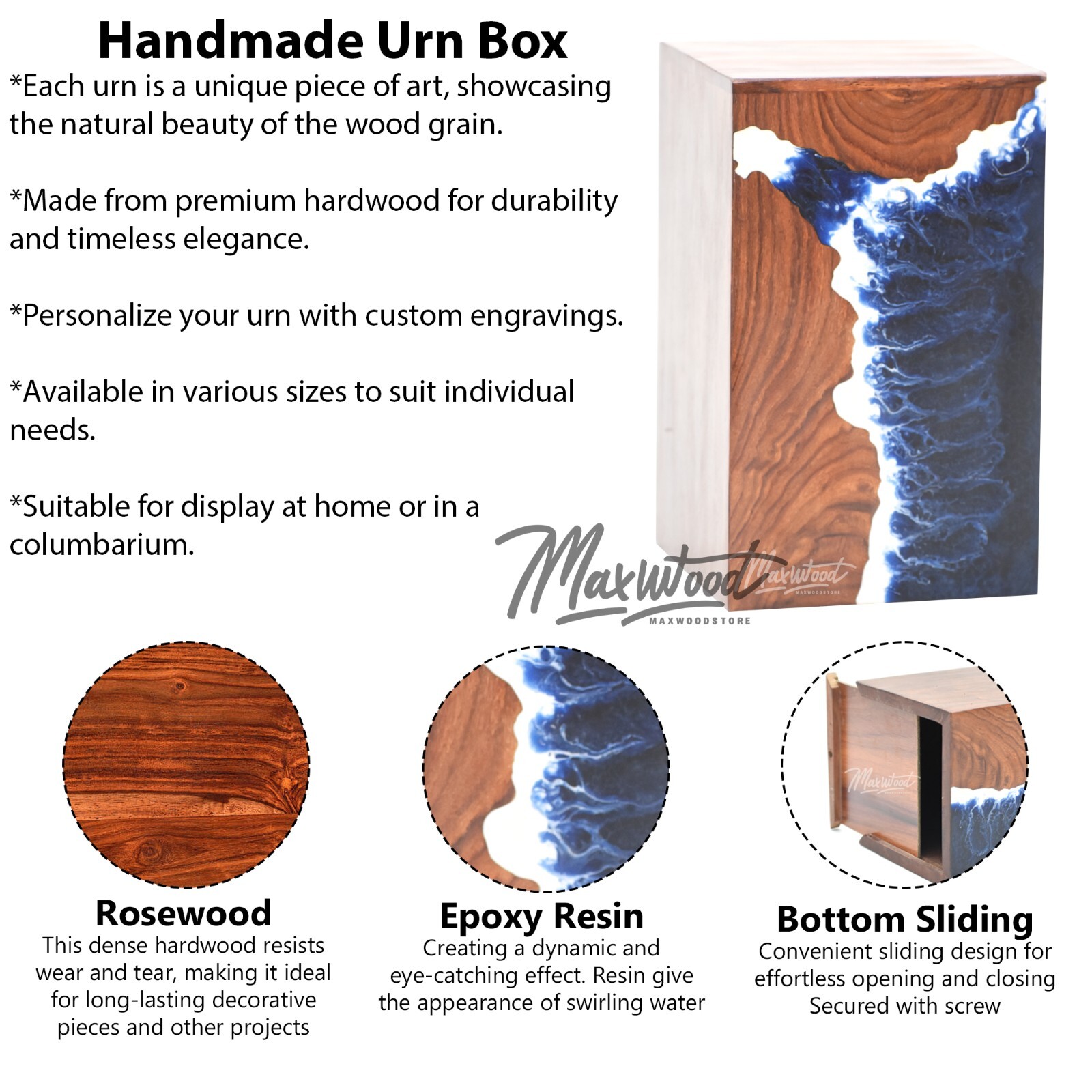 Handcrafted Rosewood and Resin Ocean Wave Design Memorial Urn Box