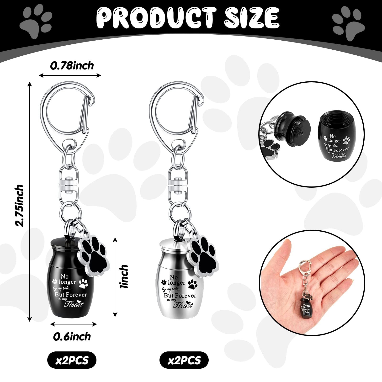 4 Pcs Pet Ashes Keychain – Stainless Steel Dog Paw Charm Keepsake Urn with Bags